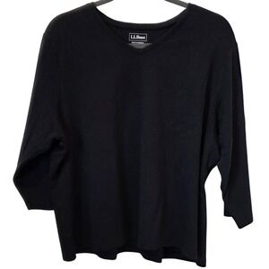 L.L.Bean Womens 2X Plus Black V-Neck 3/4 Sleeve Cotton Knit Top